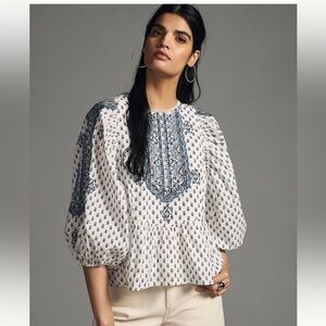 Anthropologie Blue and White Peasant Blouse
